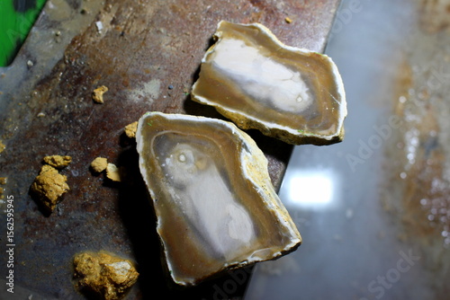 Photography Sawn in two parts flint concretion with abstract pattern on the cut