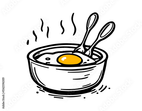 Illustration of a bowl with a fried egg, steam rising, and two spoons inside, presented in a cartoon style.