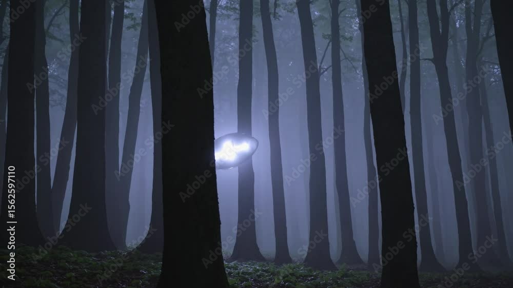 : Lumière étrange dans une forêt sombre et brumeuse