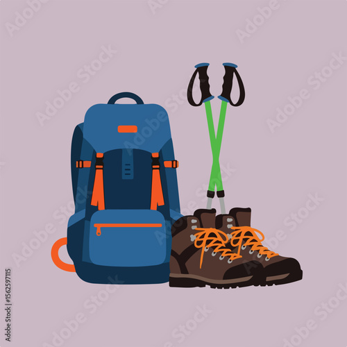 A blue backpack, brown hiking boots, and trekking poles are arranged together against a light purple background.