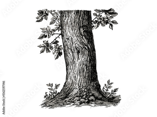 Hand-drawn vintage engraving of Hickory Tree Trunk, botanical illustration, hickory bark texture, eco-friendly art, retro woodland decor, black sketch, old engraving style, nature