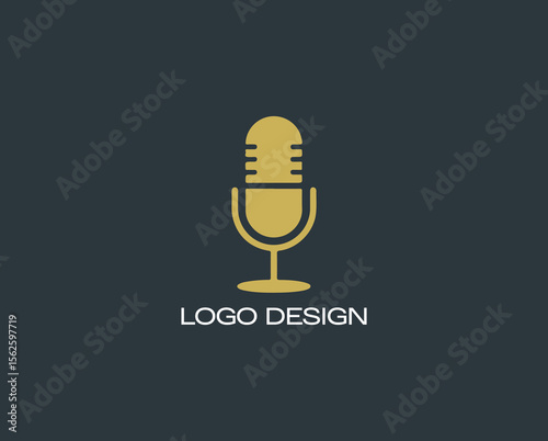 Minimalist podcast logo featuring a vintage microphone in gold on dark background, ideal for audio branding, streaming platforms, and media content creators.