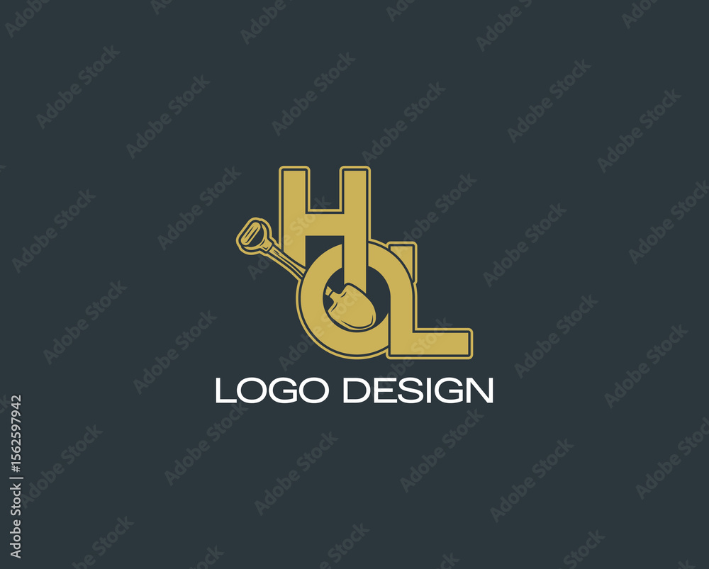 Obraz premium Modern HOL lettermark logo with gold shovel symbol on dark background, perfect for construction, landscaping, excavation, or heavy equipment branding identity.