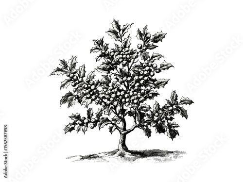 Hand-drawn vintage holly tree engraving, botanical art, winter nature decor, holly berries sketch, retro holiday print, old engraving style, eco-friendly Christmas illustration