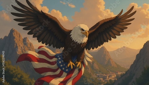 Majestic Bald Eagle Soaring with American Flag over Mountain Valley