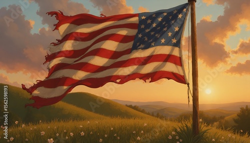 Torn American Flag at Sunset