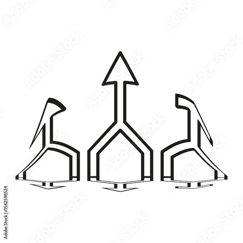 Converging arrows icon. Triple downward paths. Directional junction Vector. On white background.
