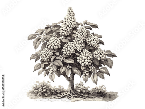 Horse Chestnut Tree vintage engraving, botanical drawing, chestnut flowers, retro nature art, woodland decor, eco-friendly tree illustration, black and white sketch, classic botanical art