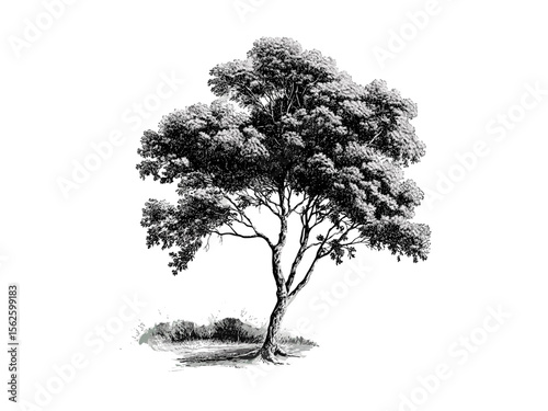 Hand-drawn vintage Ironbark Tree engraving, botanical illustration, rustic tree bark texture, old engraving style, black sketch, retro floral print, nature decor, woodland art