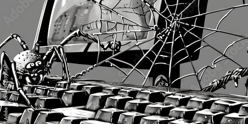 Wallpaper Mural Cartoon Spider on Computer Keyboard with Spiderweb and CRT Monitor Torontodigital.ca