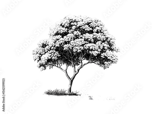 Jacaranda Tree botanical illustration, vintage floral engraving, tropical tree sketch, hand-drawn nature art, old style black sketch, retro woodland decor, elegant flower print