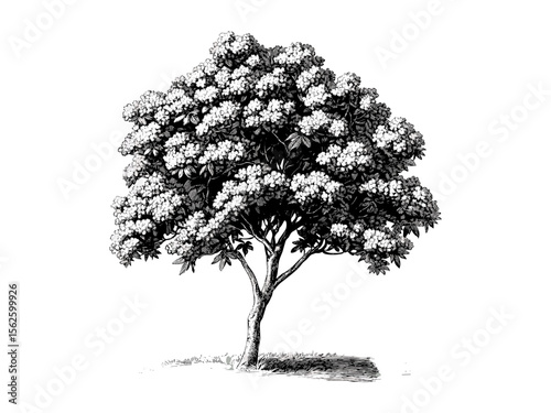 Vintage hand-drawn Jacaranda Tree engraving, botanical illustration, jacaranda flowers, tropical nature, floral woodland print, retro tree sketch, black ink, old engraving style