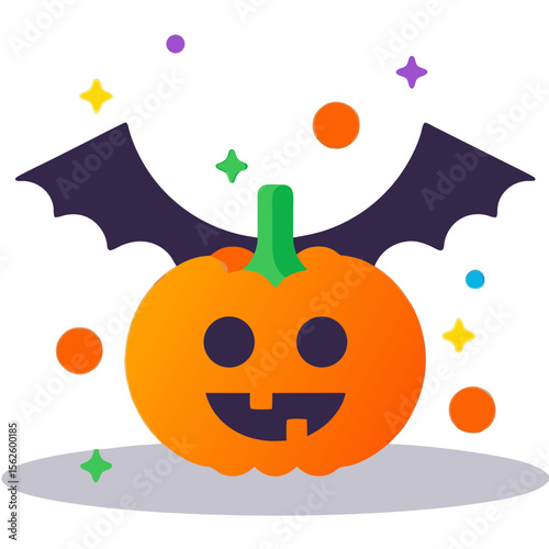 A cheerful Halloween pumpkin with bat wings and colorful stars against a dark background evokes a festive and whimsical atmosphere