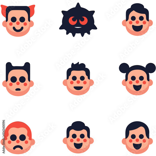 A vector illustration featuring a diverse set of faces expressing various emotions and styles, set against a solid black background