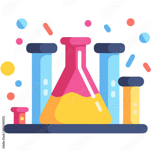 Colorful chemistry lab illustration with beakers and test tubes against a dark background featuring abstract confetti