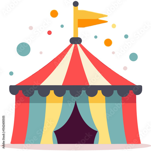 Colorful circus tent illustration with flag and polka dots in vector format for festive event promotion and decoration