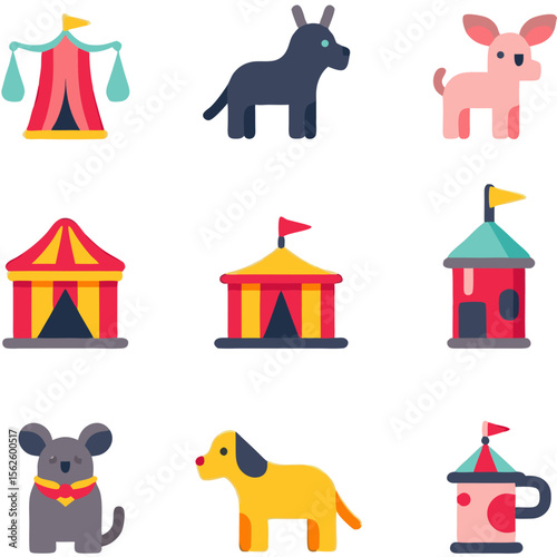 Colorful vector illustration featuring circus tents and cute animals, perfect for whimsical designs and playful themes
