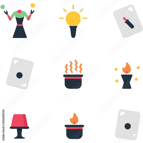 Colorful vector illustration depicting a variety of magic themed icons arranged neatly on a dark background, representing illusion
