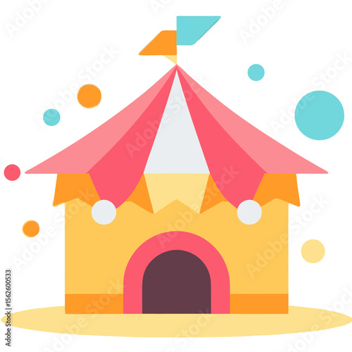 Colorful vector illustration of a circus tent with flag and decorative spheres against a dark backdrop