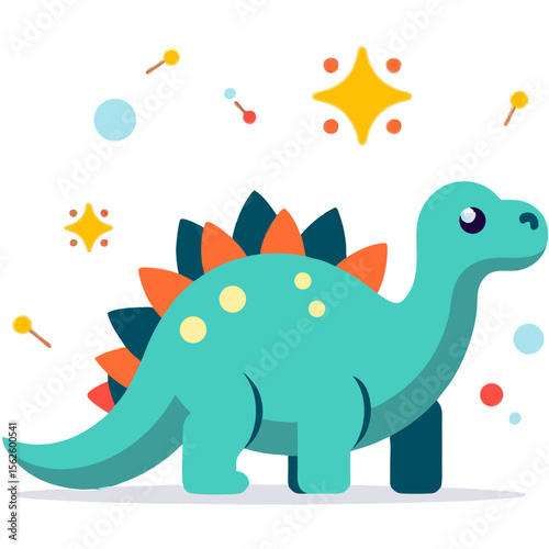Cute cartoon Stegosaurus dinosaur with colorful spots in a whimsical starry night scene illustration for kids and playful designs