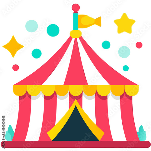 Colorful circus tent illustration with stars and whimsical elements against a black background evoking festive fun