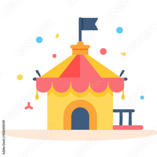 Colorful vector illustration of a circus tent with a flag and confetti on a black background creating a festive atmosphere