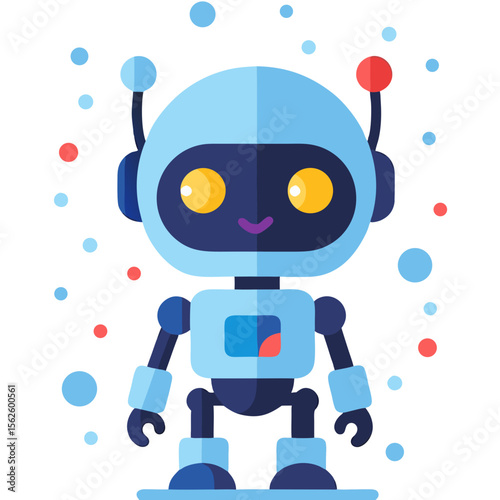 Cute futuristic robot illustration with a charming smile and colorful details on a black background filled with floating orbs