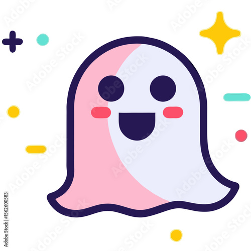 Cute ghost cartoon character with friendly face surrounded by playful shapes and vibrant colors on black background