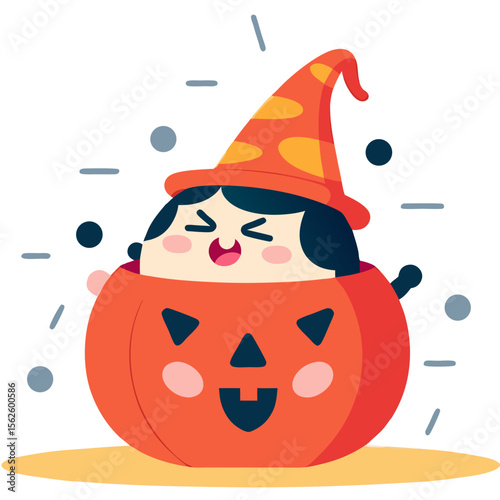 Halloween fun a cute child in a pumpkin wearing a witch hat celebrates the spooky season with joy and laughter