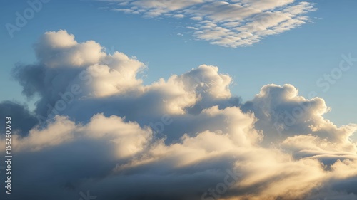 Dramatic clouds drift across a serene blue sky, illuminated by soft, golden sunlight creating depth.