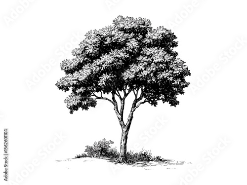 Vintage hand-drawn Jatoba Tree engraving, botanical illustration, jatoba bark texture, tropical nature decor, retro woodcut style, black sketch, eco-friendly art, classic engraving design