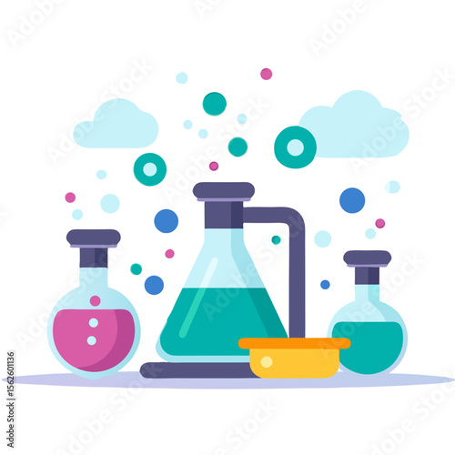 Science laboratory glassware with colorful liquid and bubbles in a chemistry experiment illustration, representing scientific exploration and discovery