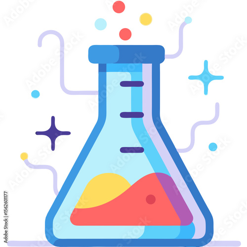 Vector illustration of a science experiment with a conical flask and colorful liquid mixing, surrounded by abstract elements and sparkling stars