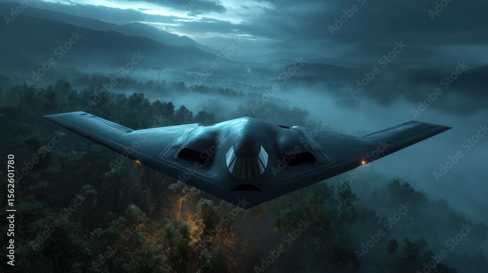Fototapeta premium Stealth aircraft with alien like contours flying over misty terrain under low light creating mysterious atmosphere.
