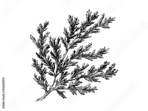 Vintage black sketch engraving of juniper tree leaves, botanical illustration, evergreen branches, nature print, eco-friendly forest decor, retro woodland style, antique engraving, rustic design