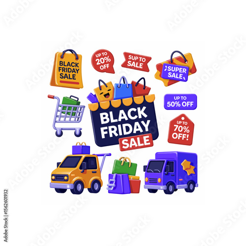 Black Friday sale promotion vector illustration featuring shopping bags, delivery vehicles, and discount offers for retail marketing campaigns