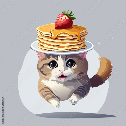 A playful vector of a cat mid-jump with a pancake stuck on its head. Full of motion, sharp detail, and humor, captured in perfect focus and natural lighting.