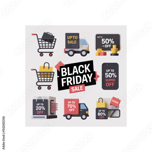 Black Friday sale with discounts, shopping carts, delivery trucks and smartphone with promotional offers, vector illustration featuring up to 80% off