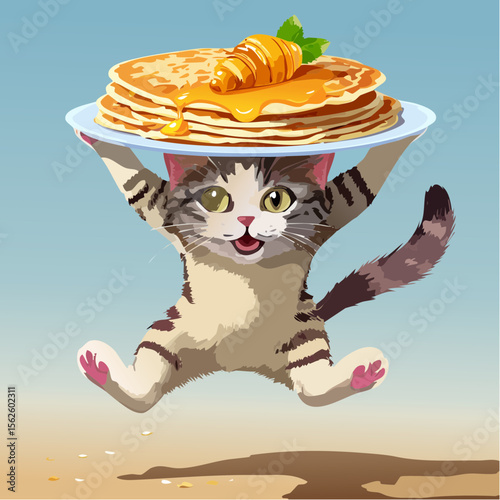 A playful vector of a cat mid-jump with a pancake stuck on its head. Full of motion, sharp detail, and humor, captured in perfect focus and natural lighting.