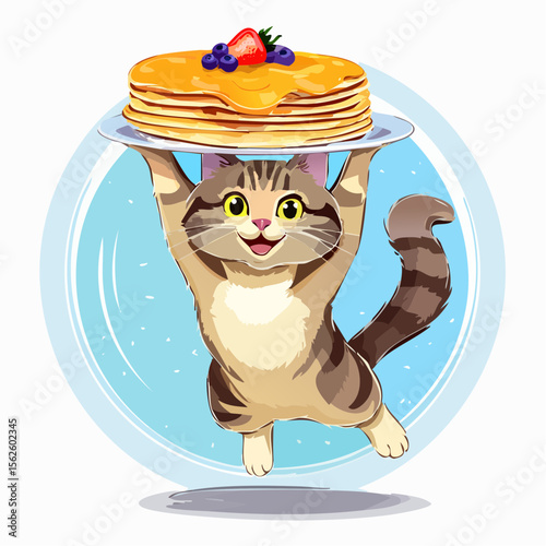 A playful vector of a cat mid-jump with a pancake stuck on its head. Full of motion, sharp detail, and humor, captured in perfect focus and natural lighting.