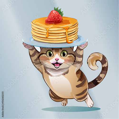A playful vector of a cat mid-jump with a pancake stuck on its head. Full of motion, sharp detail, and humor, captured in perfect focus and natural lighting.