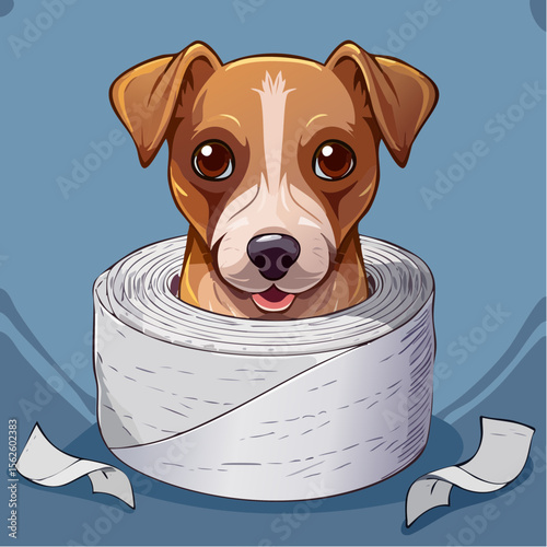 A cheeky vector of a small terrier tangled in toilet paper, full of guilt and charm. Captured in sharp focus with natural lighting and no distractions.