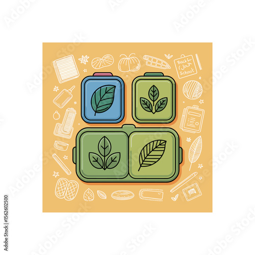 Colorful reusable lunch boxes filled with plant based food surrounded by school supplies illustration