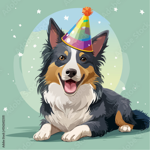 A humorous vector of a border collie wearing a slipping birthday hat, full of character and captured in perfect detail with no props or distractions, just playful charm.