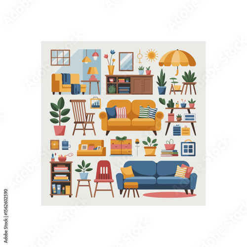 Colorful vector illustration of a cozy living room interior showcasing furniture, plants, and decorative objects creating a homely atmosphere