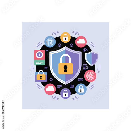 Digital security illustration featuring a shield, padlocks, and abstract data icons for protection and privacy