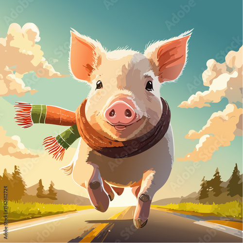 A fun vector of a pig running down the road with a scarf around its neck, captured mid-motion with sharp focus and vibrant personality in a clean and natural setting.