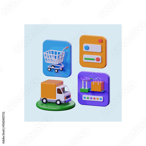 E-commerce online shopping concept featuring a delivery truck, shopping cart, product display, and settings interface in a 3D minimalist style
