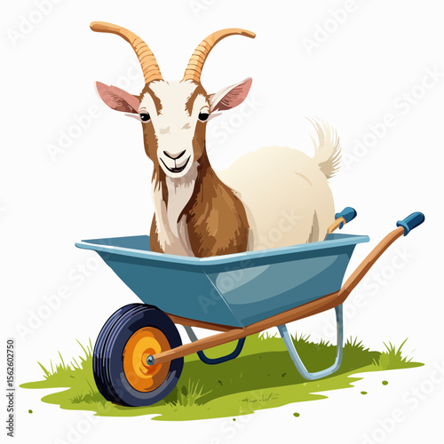 A cheerful vector of a goat smiling while standing in a wheelbarrow. Captured in sharp detail with natural charm and quirky personality, perfectly framed with clean lighting.
