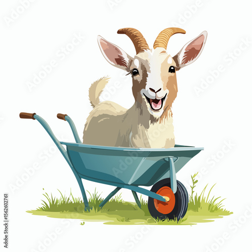 A cheerful vector of a goat smiling while standing in a wheelbarrow. Captured in sharp detail with natural charm and quirky personality, perfectly framed with clean lighting.